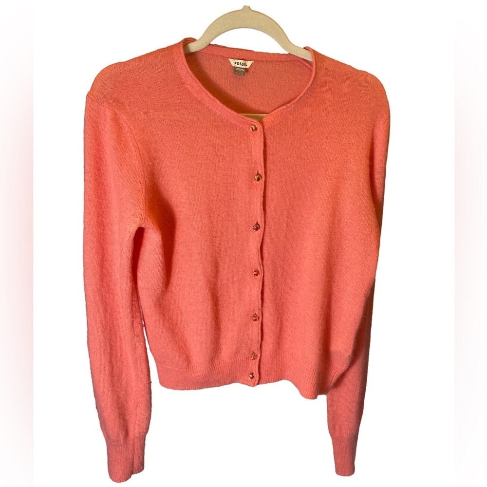 Fossil Angora Wool Cardigan Sweater Womens large Coral Pink